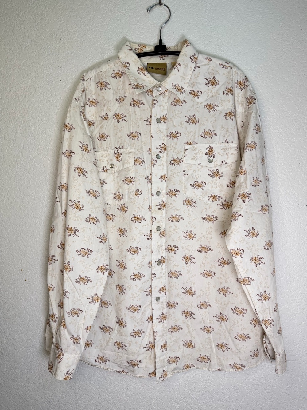 BJE67 Western Style Floral Print Long-Sleeve Men’s Snap Shirt - Cream, Size L